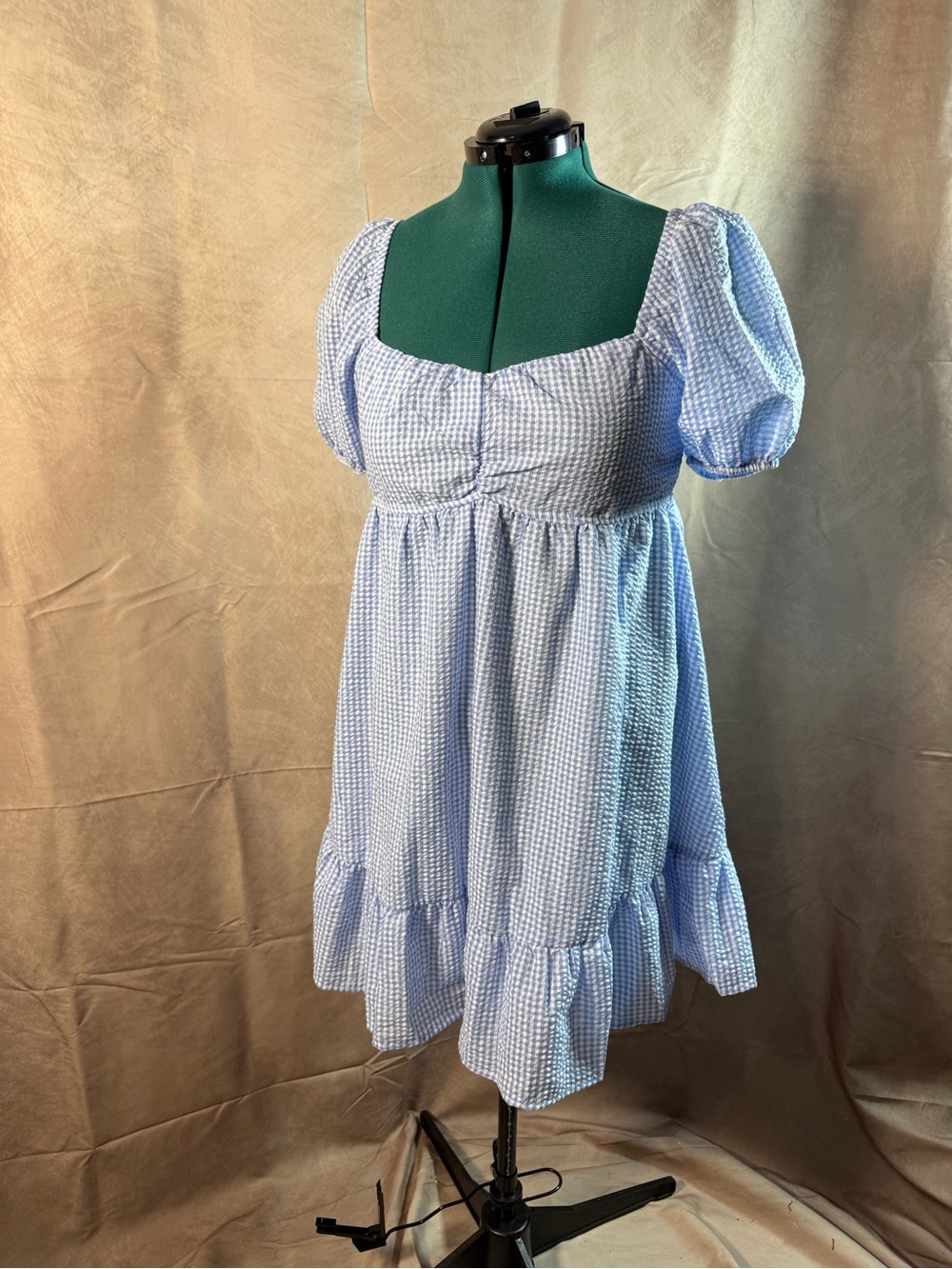 481-HYFVE Light Blue Gingham Midi Dress
